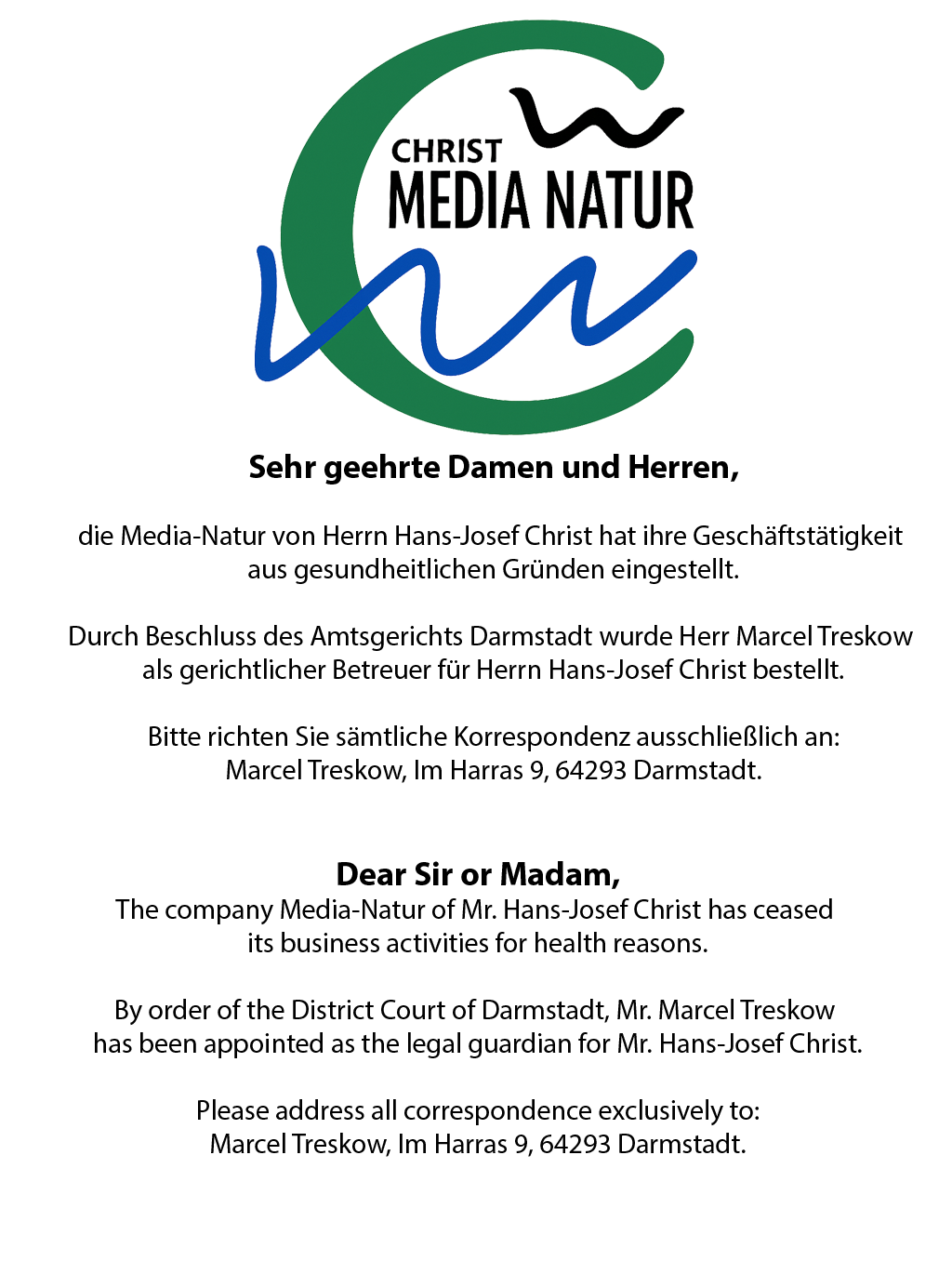 Hinweis von Media Natur zur Geschäftsaufgabe